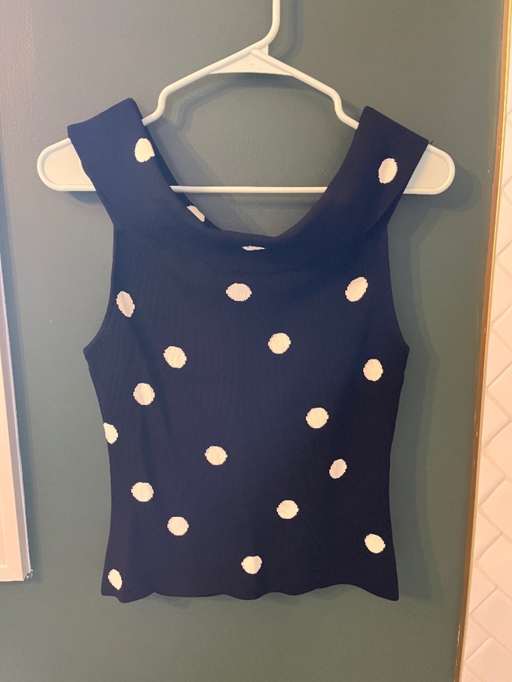 Venini petite navy blue and white polka dot knit top